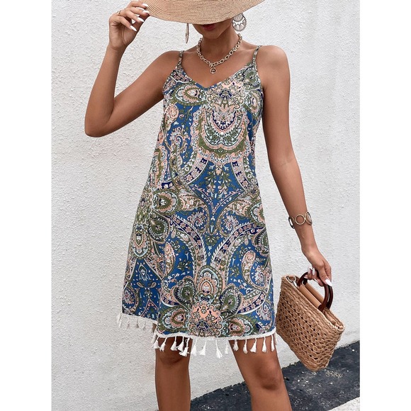 Paisley Floral Print Tassel Hem Cami mini Dress red - Picture 7 of 11